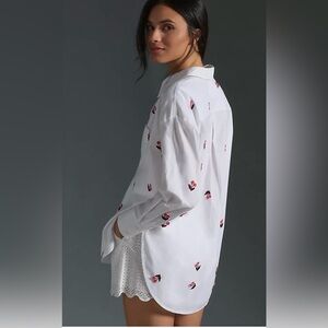 Maeve cotton tunic button front cherry embroidered shirt